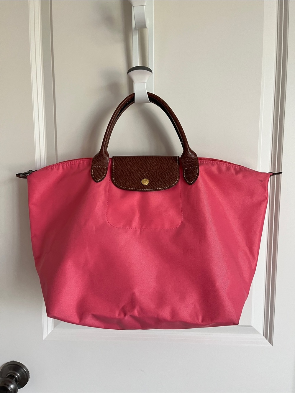 Longchamp Pink Tote with Brown Leather Trim